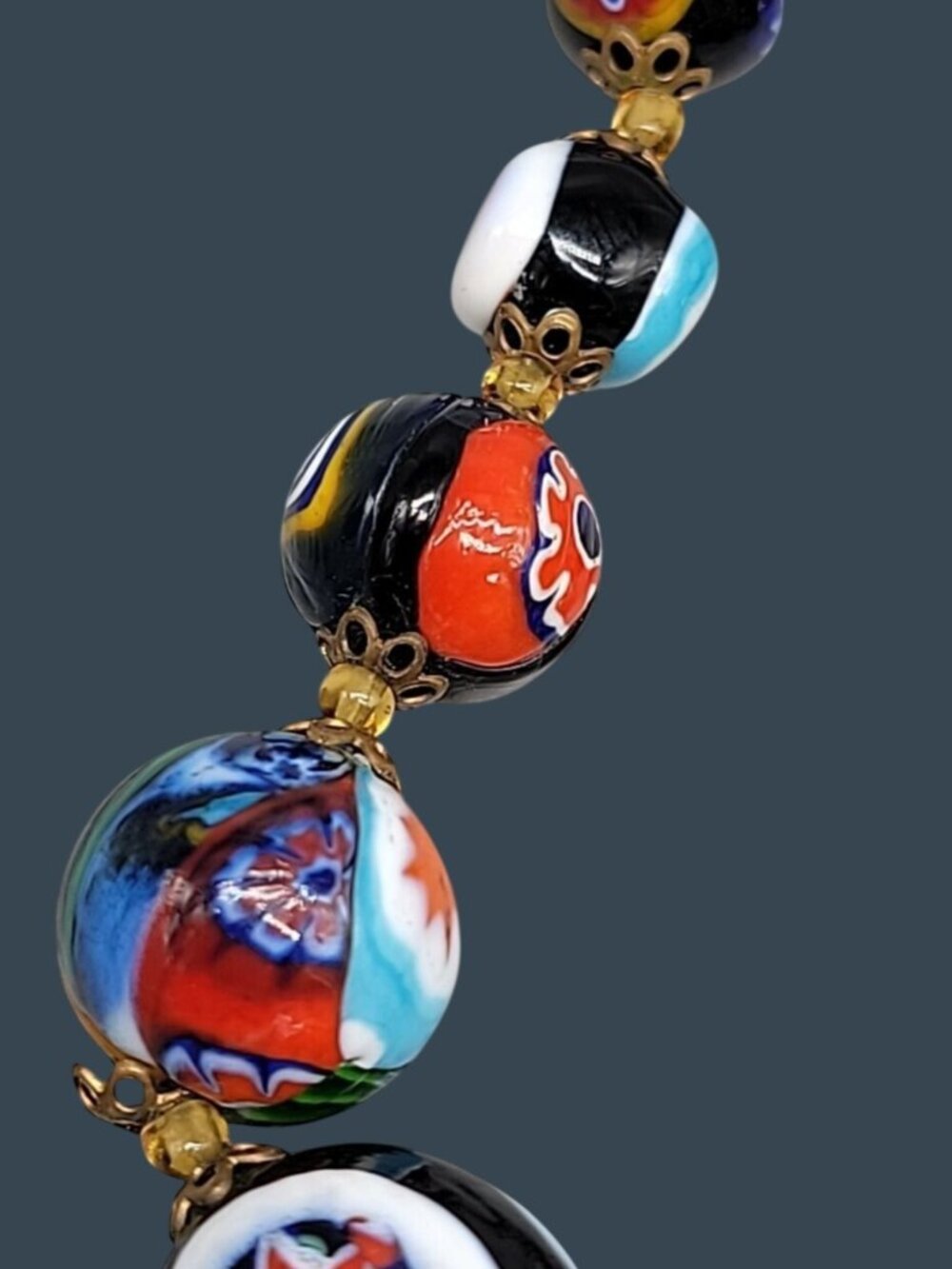 Antique Venetian Millefiori Murano Glass Bead Necklace 23" Graduated Black 16mm - Picture 13 of 16